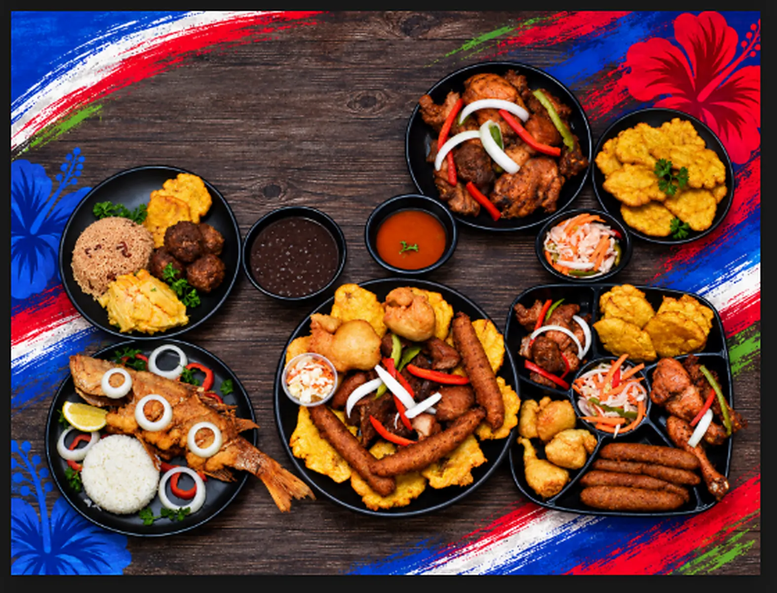 A sharp overhead sampler spread of Haitian favorites from Jojo Fritay